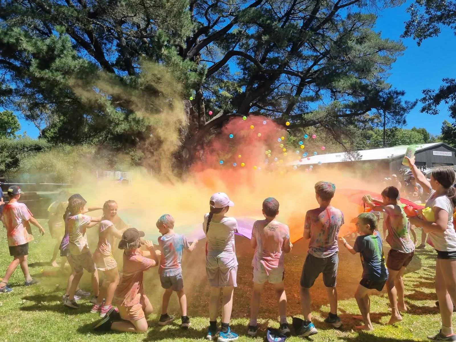 Children throwing coloured powder at the season launch colour run under the gum trees