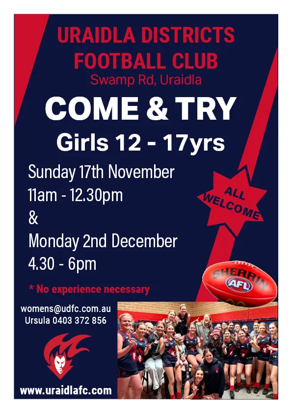 Girls Come & Try sessions, ages 12 to 17 yrs graphic from the club