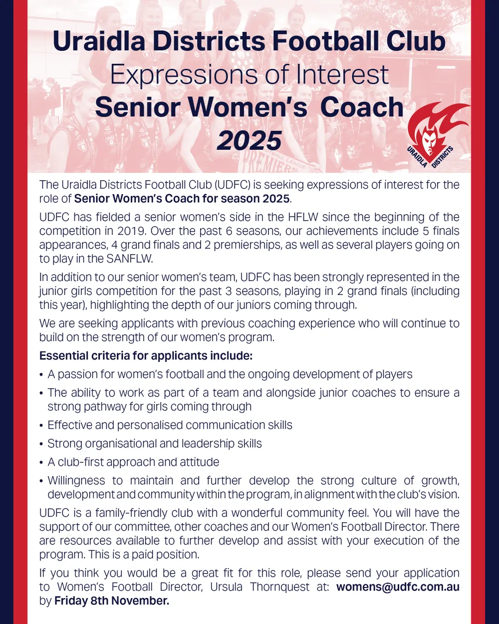 Senior Women's Coach for season 2025 graphic from the club